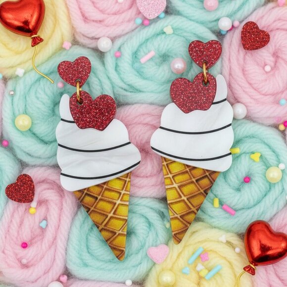 🆕️ Adorable Ice Cream Cone Drop Earrings with Glitter Hearts Fun & Trendy - Picture 13 of 16